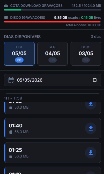 Screenshot of continuous recording history on the NEXO platform